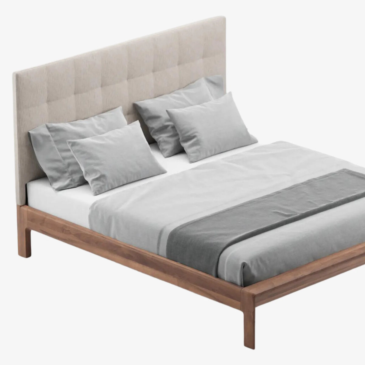 Lit Invito Artisan en bois massif, version tapissée avec tête de lit capitonnée en tissu