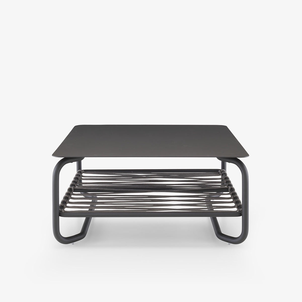 Table basse outdoor Valmer Cinna vue de côté, structure en aluminium coloris charbon
